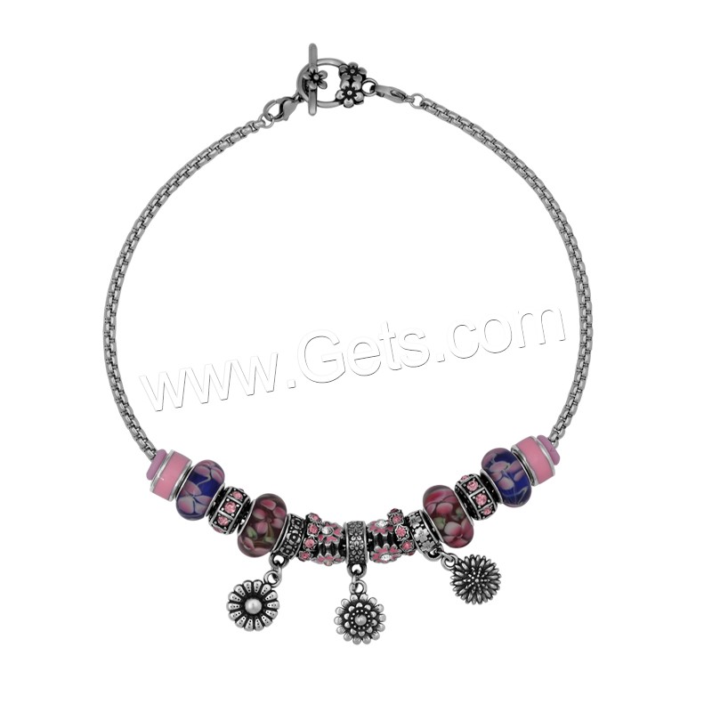 European Match Necklace, 316L Stainless Steel, with Lampwork, Flower, different length for choice & box chain & enamel & with rhinestone & blacken, 400-500mm, Sold By Strand