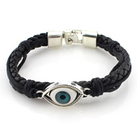 Evil Eye Jewelry Bracelet, PU Leather, with Waxed Cotton Cord & Zinc Alloy, silver color plated, Islamic jewelry & epoxy gel, black Approx 8.3 Inch 