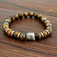 Wrist Mala, Tiger Eye, with Zinc Alloy, Buddha, antique silver color plated, natural & Buddhist jewelry, 8mm Approx 7 Inch 