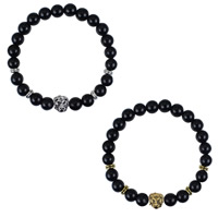Black Agate Bracelets, with Zinc Alloy, Lion, plated, natural 8mm Approx 7 Inch 