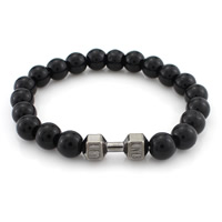 Black Agate Bracelets, with Zinc Alloy, Barbell, plumbum black color plated, natural, 8mm Approx 7 Inch 