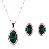 Crystal Jewelry Sets, Zinc Alloy, earring & necklace, with iron chain & Crystal, stainless steel post pin, with 5cm extender chain, Horse Eye, rose gold color plated, oval chain & faceted & with rhinestone, green, lead & cadmium free  Approx 16.5 Inch 