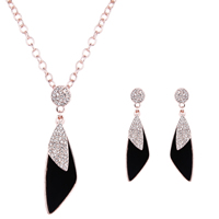 Resin Jewelry Sets, Zinc Alloy, earring & necklace, with plastic earnut & iron chain & Resin, stainless steel post pin, with 5cm extender chain, rose gold color plated, oval chain & with rhinestone, black, lead & cadmium free  Approx 16.5 Inch 