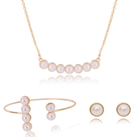 Fashion Zinc Alloy Jewelry Sets, bangle & earring & necklace, with ABS Plastic Pearl & iron chain, stainless steel post pin, Round, gold color plated, oval chain, lead & cadmium free  Inner Approx 55mm Approx 6.5 Inch, Approx  17.5 Inch 