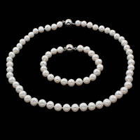 Bijoux de perle d'eau douce naturelle, perle d'eau douce cultivée, Bracelet & boucle d'oreille & collier, pomme de terre, longueur différente pour le choix, blanc, 8mm, Vendu par fixé