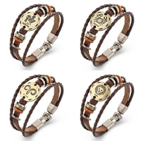 Cowhide Bracelets, with Waxed Cotton Cord & PU Leather & Wood & Zinc Alloy, plated, Zodiac symbols jewelry Approx 7 Inch 