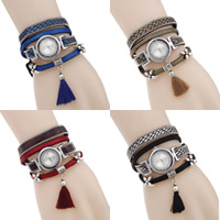 Wrap Watch, PU Leather, with Cotton & Glass & Zinc Alloy, Chinese movement, stainless steel snap clasp, Tassel, plated, adjustable & with rhinestone 25mm, 10mm Approx 15.7 Inch 