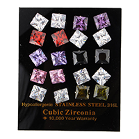 Edelstahl CZ Stud Ohrring, Quadrat, mit kubischem Zirkonia & facettierte, gemischte Farben, 8.5x8.5x15.5mm, 10PaarePärchen/Box, verkauft von Box