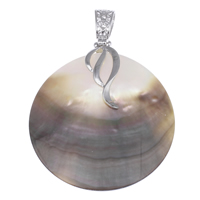 Black Shell Pendant, with brass bail, Flat Round, platinum color plated, natural Approx 