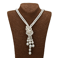 Collar de cadena del suéter de la perla de cristal, Perlas de vidrio, con espaciador de latón de diamantes de imitación, estilo de lazo, color original, 4.5x5mm, 13.5x12.5mm, longitud:aproximado 34 Inch, Vendido por Sarta