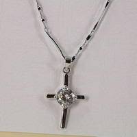 Латунь кубический цирконий ожерелье, Kресты, плакирован серебром, Бар цепи & с кубическим цирконием, 24mm, длина:Приблизительно 16.5 дюймовый, продается Strand