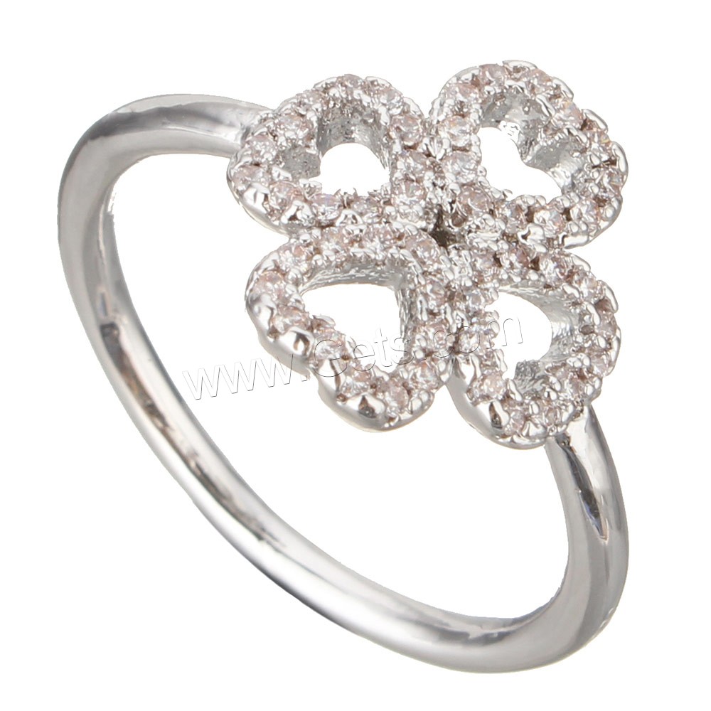 Cubic Zirconia Micro Pave Brass Finger Ring, Four Leaf Clover, platinum plated, different size for choice & micro pave cubic zirconia, 13x13x2mm, Sold By PC
