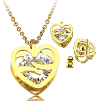 Cubic Zirconia Stainless Steel Jewelry Sets, earring & necklace, with 2lnch extender chain, Heart, gold color plated, oval chain & with cubic zirconia   Approx 17 Inch 
