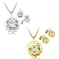Cubic Zirconia Stainless Steel Jewelry Sets, earring & necklace, with 2lnch extender chain, Flower, plated, oval chain & with cubic zirconia Approx 17 Inch 