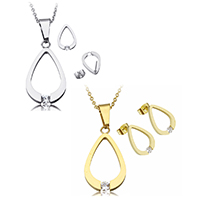 Cubic Zirconia Stainless Steel Jewelry Sets, earring & necklace, with 2lnch extender chain, Teardrop, plated, oval chain & with cubic zirconia Approx 17 Inch 