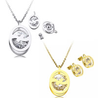 Cubic Zirconia Stainless Steel Jewelry Sets, earring & necklace, with 2lnch extender chain, Flat Oval, plated, oval chain & with cubic zirconia Approx 17 Inch 