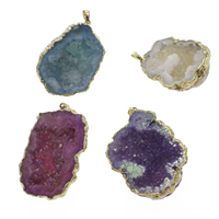 Natural Agate Druzy Pendant, Ice Quartz Agate, with brass bail, Nuggets, gold color plated, druzy style, mixed colors - Approx 