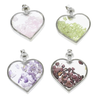 Pendentifs pierres gemmes mixtes , pierre gemme, avec verre & laiton, coeur, Placage de couleur platine Environ Vendu par PC
