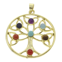 Mixed Gemstone Pendants, Brass, with Gemstone, Flat Round, gold color plated, nickel, lead & cadmium free Approx 