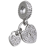 Brass European Pendants, Lock, platinum plated, micro pave cubic zirconia & without troll  Approx 