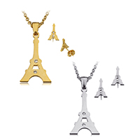 Joyería de acero inoxidable de diamantes de imitación, pendiente & collar, Torre Eiffel, chapado, cadena oval & con diamantes de imitación, más colores para la opción, 15.5x28x2mm, 2x2.5x0.5mm, 8x12.5x13mm, longitud:aproximado 20 Inch, Vendido por Set