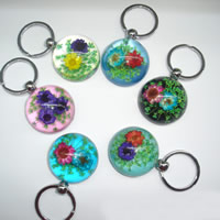 Resin Key Chain, with Dried Flower & Zinc Alloy, Flat Round, platinum color plated, mixed pattern 