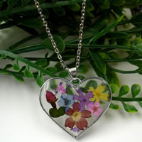 Floating Charm Necklace, Zinc Alloy, with Dried Flower & Resin, Heart, platinum color plated, oval chain Approx 18 Inch 