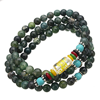 108 Mala Beads, Moss Agate, with Synthetic Turquoise & Crystal & Glass & Plastic & Zinc Alloy, plated & Buddhist jewelry & gold accent 