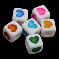 Perles acryliques nature, Acrylique, cube, avec le motif de coeur & couleur solide, couleurs mélangées Environ 3mm, Environ Vendu par sac