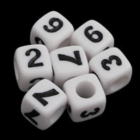 Acryl Zahlen Perlen, Würfel, gemischtes Muster & mit einem Muster von Nummer & Volltonfarbe, weiß, 7x7mm, Bohrung:ca. 3mm, ca. 1650PCs/Tasche, verkauft von Tasche