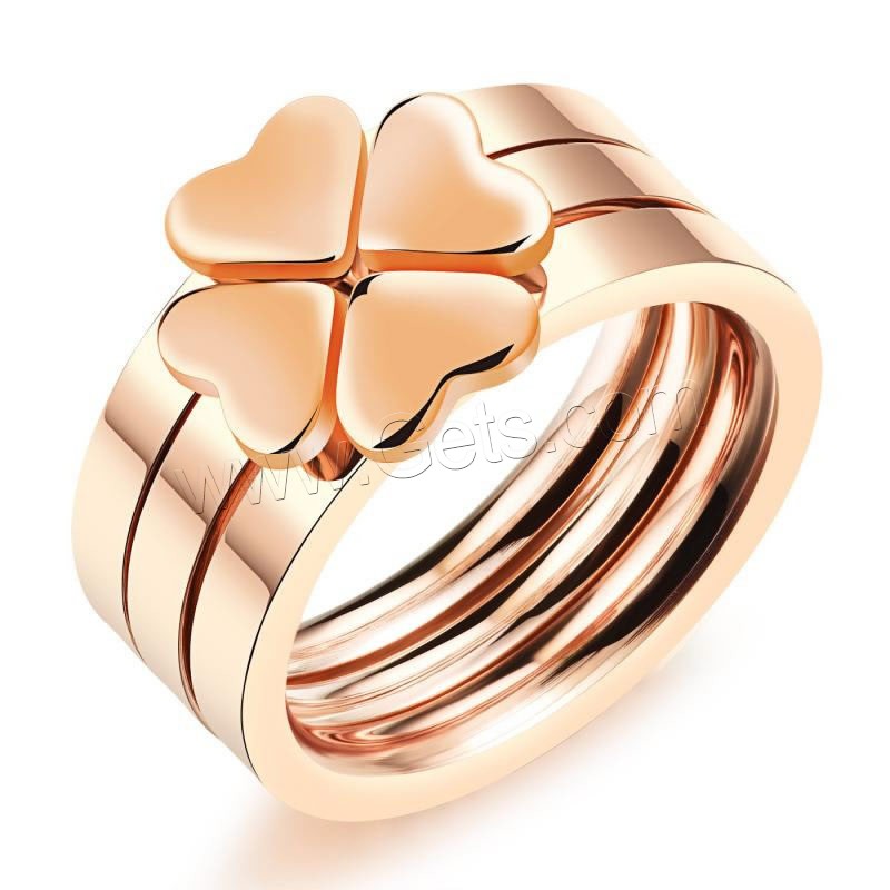 Stainless Steel Finger Ring, Four Leaf Clover, rose gold color plated, different size for choice & for woman, 7mm, 3PCs/Set, Sold By Set