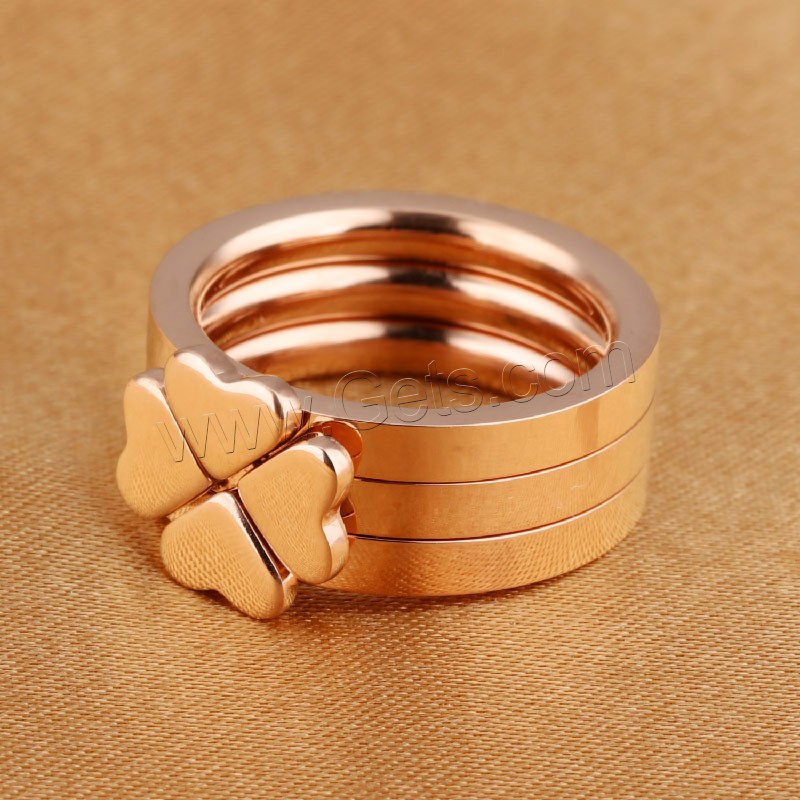 Stainless Steel Finger Ring, Four Leaf Clover, rose gold color plated, different size for choice & for woman, 7mm, 3PCs/Set, Sold By Set