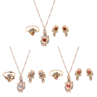 Crystal Jewelry Sets, Zinc Alloy, finger ring & earring & necklace, with iron chain & Crystal, stainless steel earring post and Omega clip, Flower, rose gold color plated, rope chain & faceted & with rhinestone lead & cadmium free   US Ring  Approx 17 Inch 