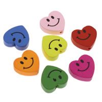 Wood Smile Face Pattern Bead, Heart, printing, mixed colors Approx 1mm 