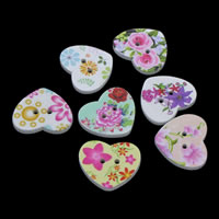 2 Hole Wood Button, Heart, printing, mixed colors Approx 1mm 