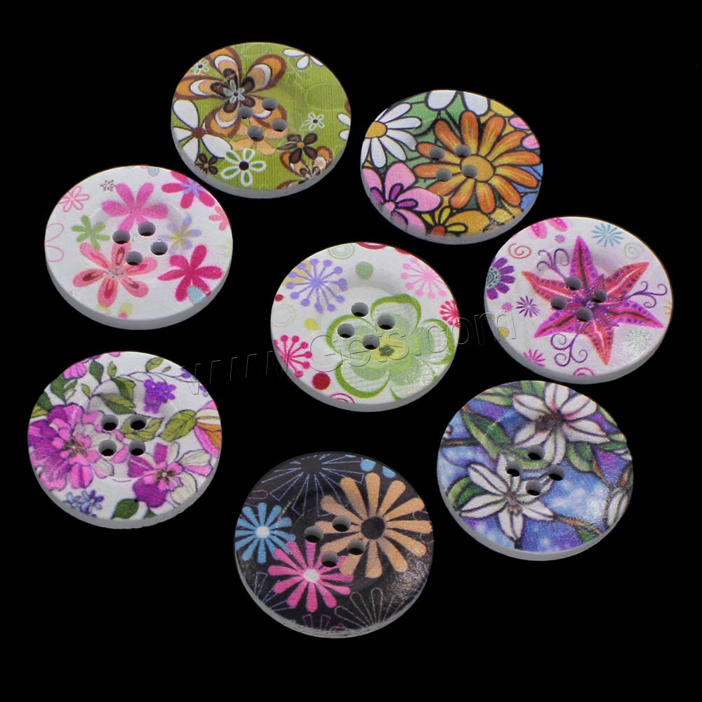 4 Hole Wood Button, Flat Round, printing & mixed pattern & different size for choice, Hole:Approx 1mm, 1000PCs/Bag, Sold By Bag