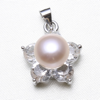 Cubic Zirconia Brass Pendants, with Freshwater Pearl, Flower, platinum color plated, natural & with cubic zirconia & faceted, nickel, lead & cadmium free Approx 