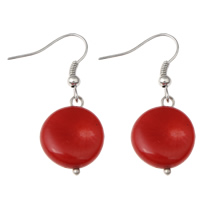 Coral Drop Earring, Natural Coral, iron earring hook, Flat Round, platinum color plated, natural, red 
