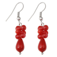 Coral Drop Earring, Natural Coral, iron earring hook, Teardrop, platinum color plated, natural, red 