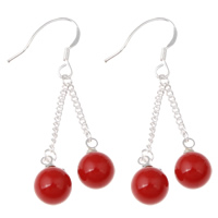 Natural Coral Dangle Earring, iron earring hook, Round, platinum color plated, red 8mm 