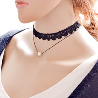 Gothic Necklace, Lace, with ABS Plastic Pearl & Waxed Linen Cord, zinc alloy lobster clasp, with 5cm extender chain, Round, platinum color plated , 330mm Approx 13 Inch 