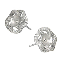 boucle d'oreille avec l'aiguille en argent pur, argent sterling 925, fleur, pavé de micro zircon 0.6mm, 0.9mm, Vendu par paire
