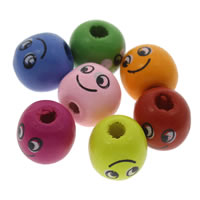 Wood Smile Face Pattern Bead, Round, mixed colors, 14mm Approx 1mm, Approx 