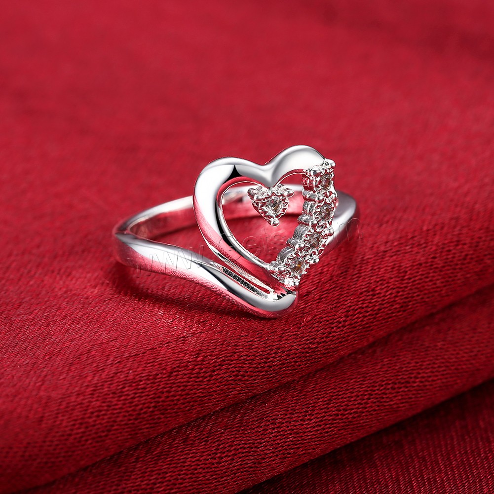Favourer ® палец кольцо, Латунь, Сердце, плакированный настоящим серебром, разный размер для выбора & инкрустированное микро кубического циркония, продается PC