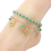 Brass Anklet, with iron chain & Synthetic Turquoise, with 2cm extender chain, gold color plated, rolo chain & with rhinestone & , nickel, lead & cadmium free, 230-240mm Approx 9 Inch 