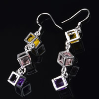 Cubic Zircon Brass Earring, with Cubic Zirconia, Cube, real silver plated, lead & cadmium free [