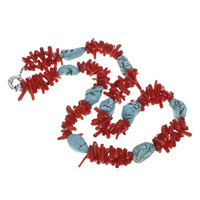 Natural Coral Necklace, with turquoise, two tone, Grade A, 3-7mm and Inch 