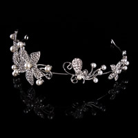Bridal Tiaras, Zinc Alloy, with ABS Plastic Pearl, Flower, silver color plated, for bridal & with rhinestone, lead & cadmium free, 160mm 