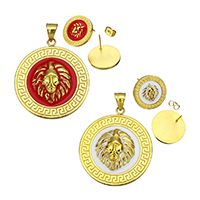 Enamel Stainless Steel Jewelry Sets, pendant & earring, Flat Round, gold color plated Approx 