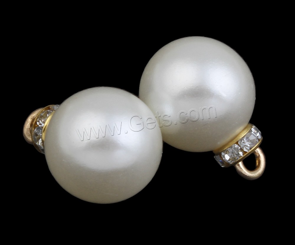 ABS Plastic Pendants, ABS Plastic Pearl, with rhinestone brass spacer, Round, gold color plated, different size for choice, white, Hole:Approx 2mm, Sold By Bag